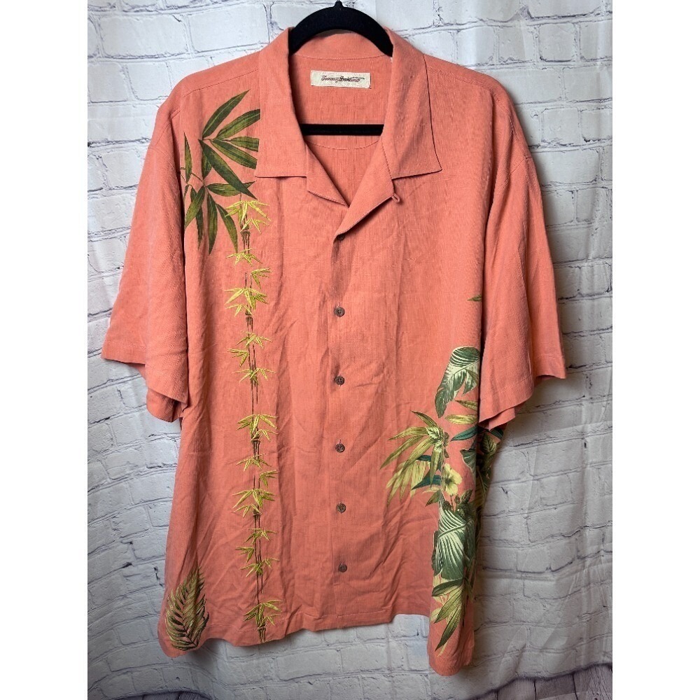 Tommy Bahama Button Up Shirt Tropical Palm Tree Print Short Sleeve Size L